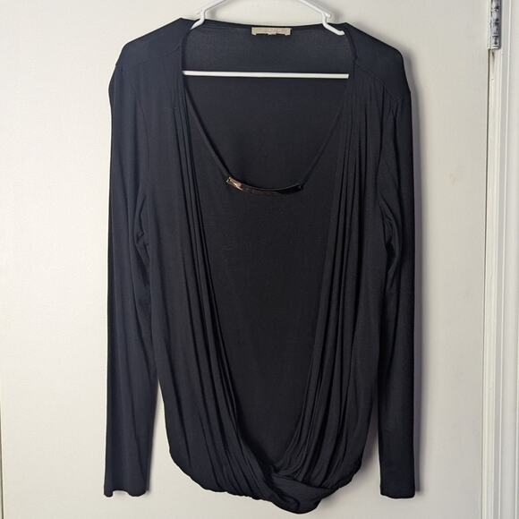 Joan Vass Blouse Womens Large Black Draped Top Bar Detail Minimalist Office Top - Picture 1 of 4